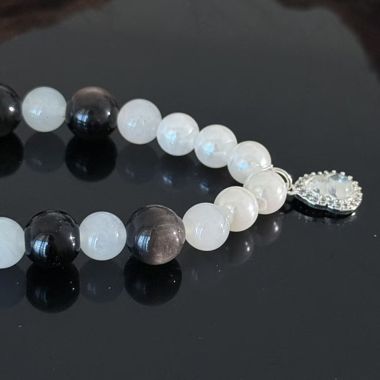 Handcrafted Obsidian & White Moonstone Crystal Bracelet — Guardian & Balancing Gemstone Beaded Bracelet (With Pendant)