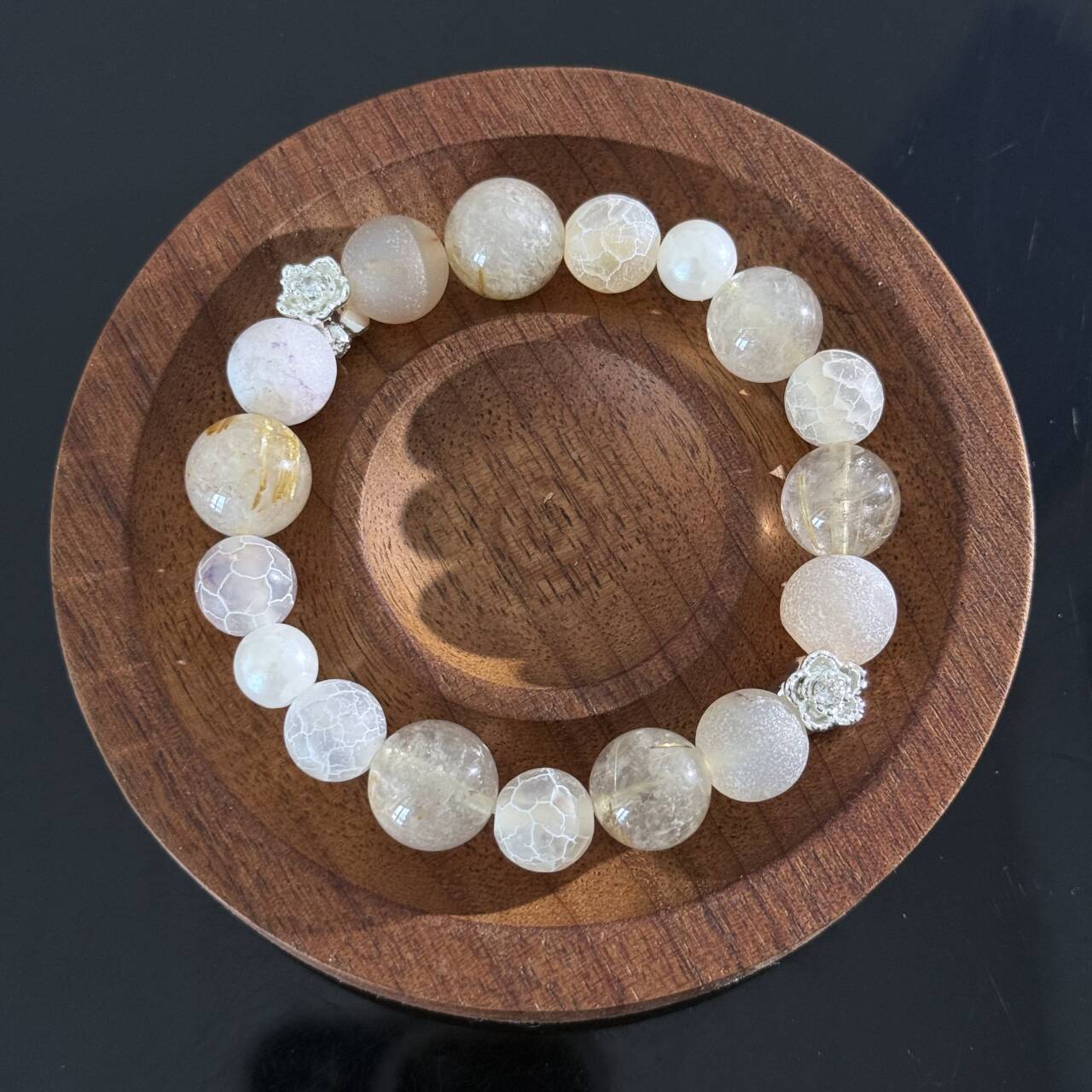 Handcrafted Natural Titanium Quartz & Frosted Agate Bracelet — White Crystal Healing Beaded Stretch Bracelet