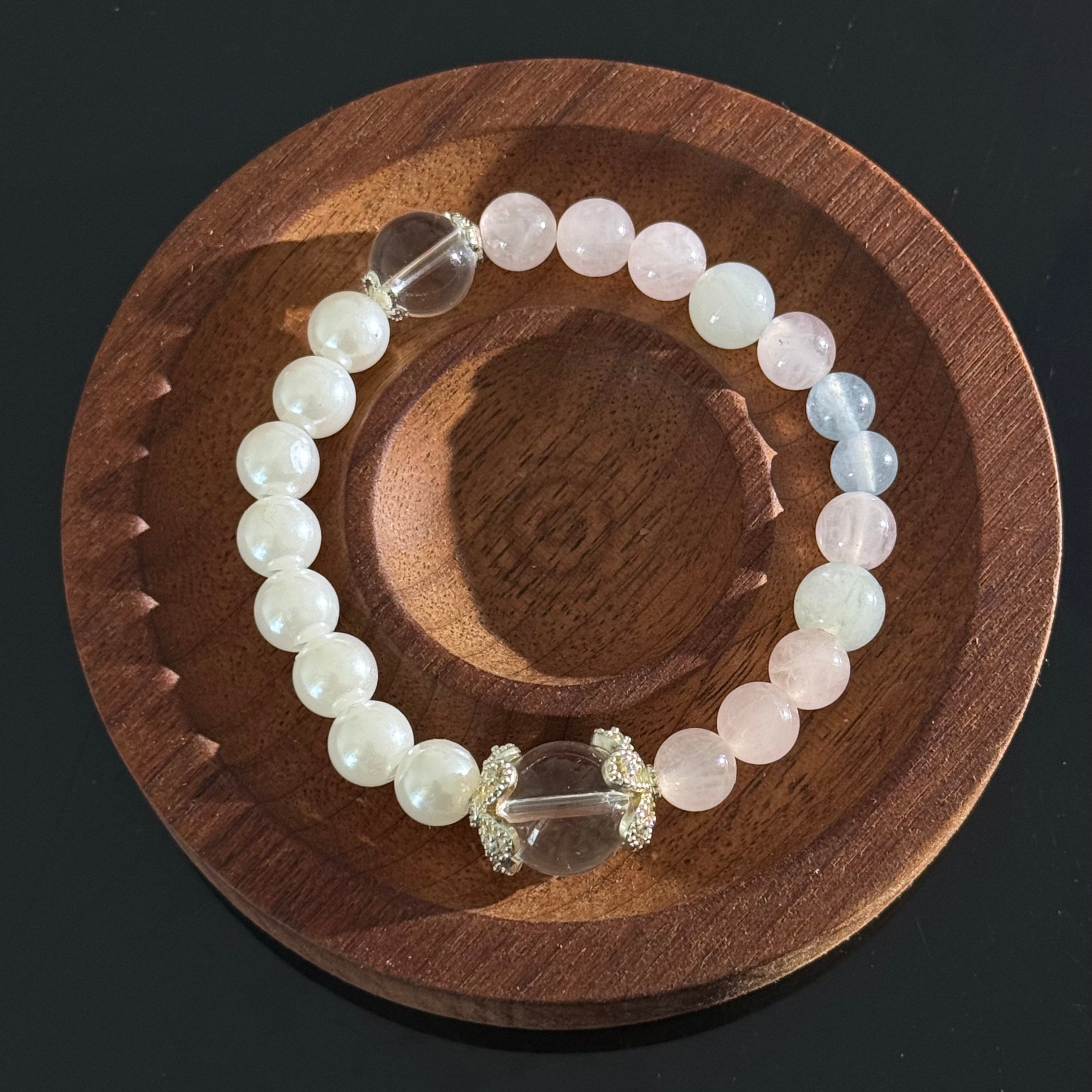 Aquamarine & Rose Quartz Crystal Bracelet with Clear Quartz Center Bead – Handmade Healing Energy Bracelet