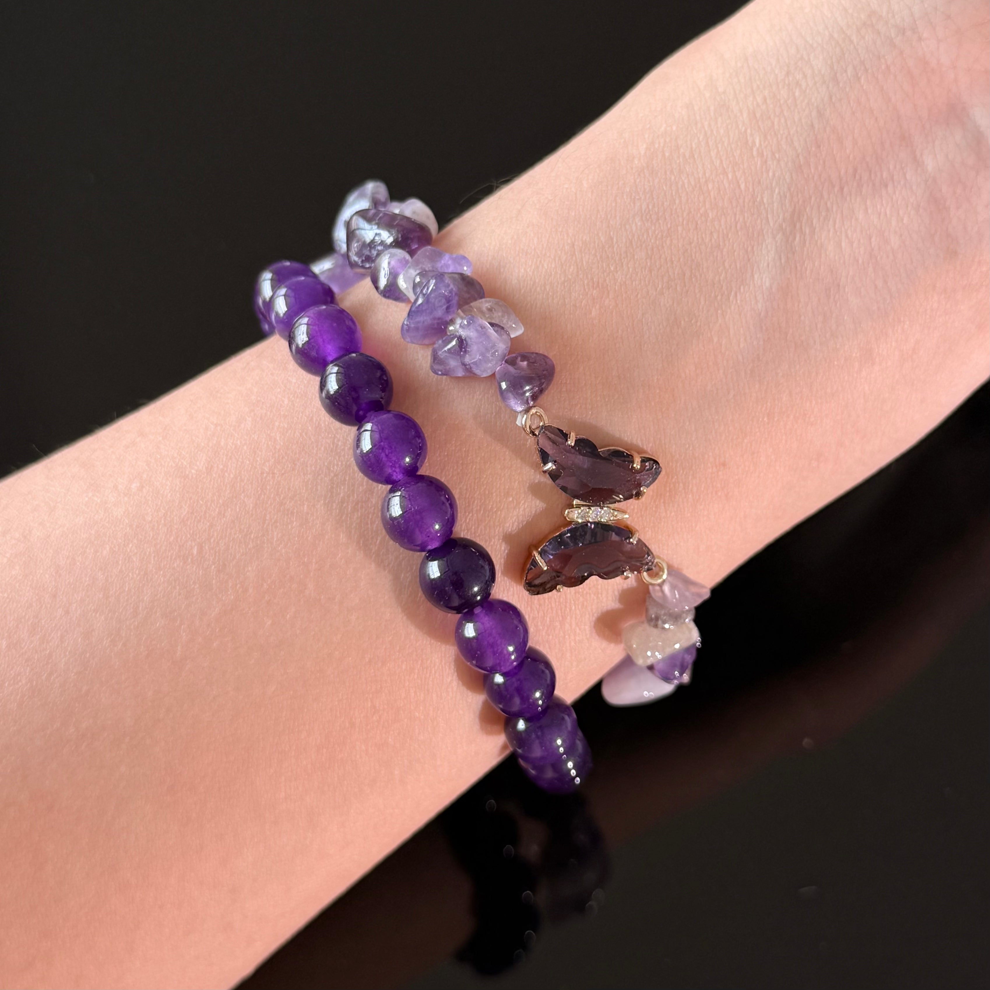 Pisces Zodiac Amethyst Bracelet – Purple Crystal Healing Bracelet with Butterfly Charm