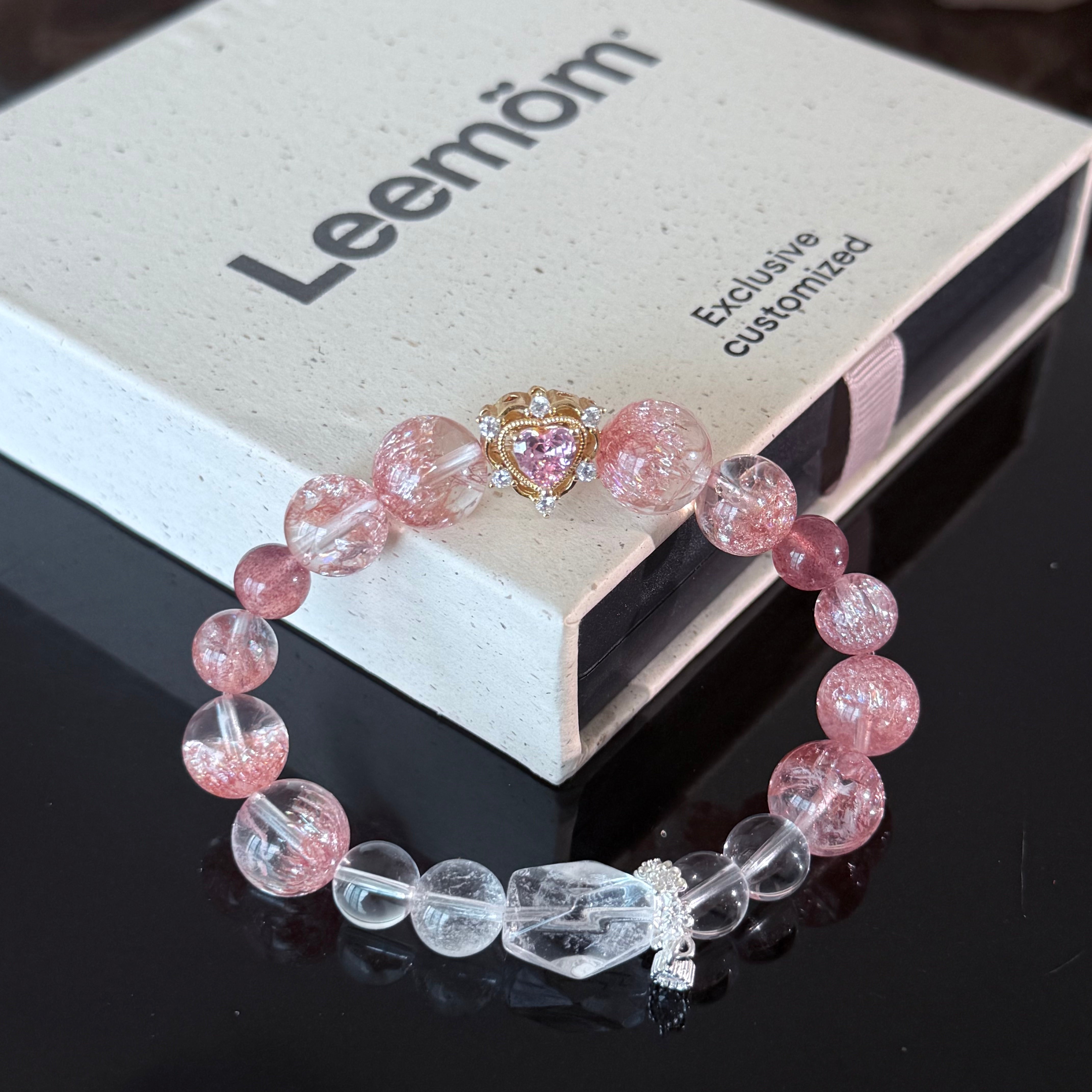 Handcrafted Bracelet featuring Natural Strawberry Quartz and Clear Quartz — Adorned with a Heart Pendant, Infused with Healing Energy and Love