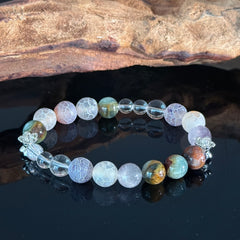 Handcrafted Bracelet: Cracked Agate & White Crystal — Featuring a Pixiu Pendant