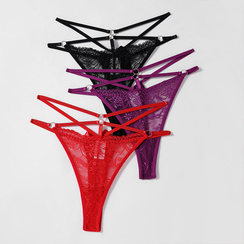 Seductive Floral Lace Mid Waist Thongs Bowknot Detail