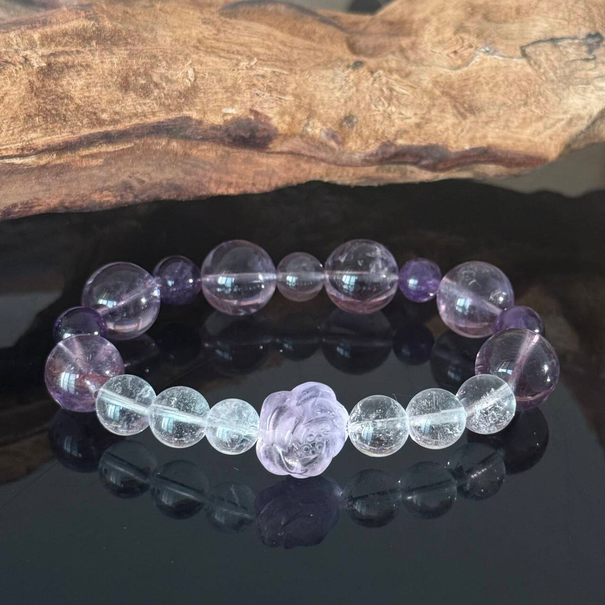 Handcrafted Amethyst & Clear Quartz Bracelet | Rose-Shaped Healing Gemstone Bracelet