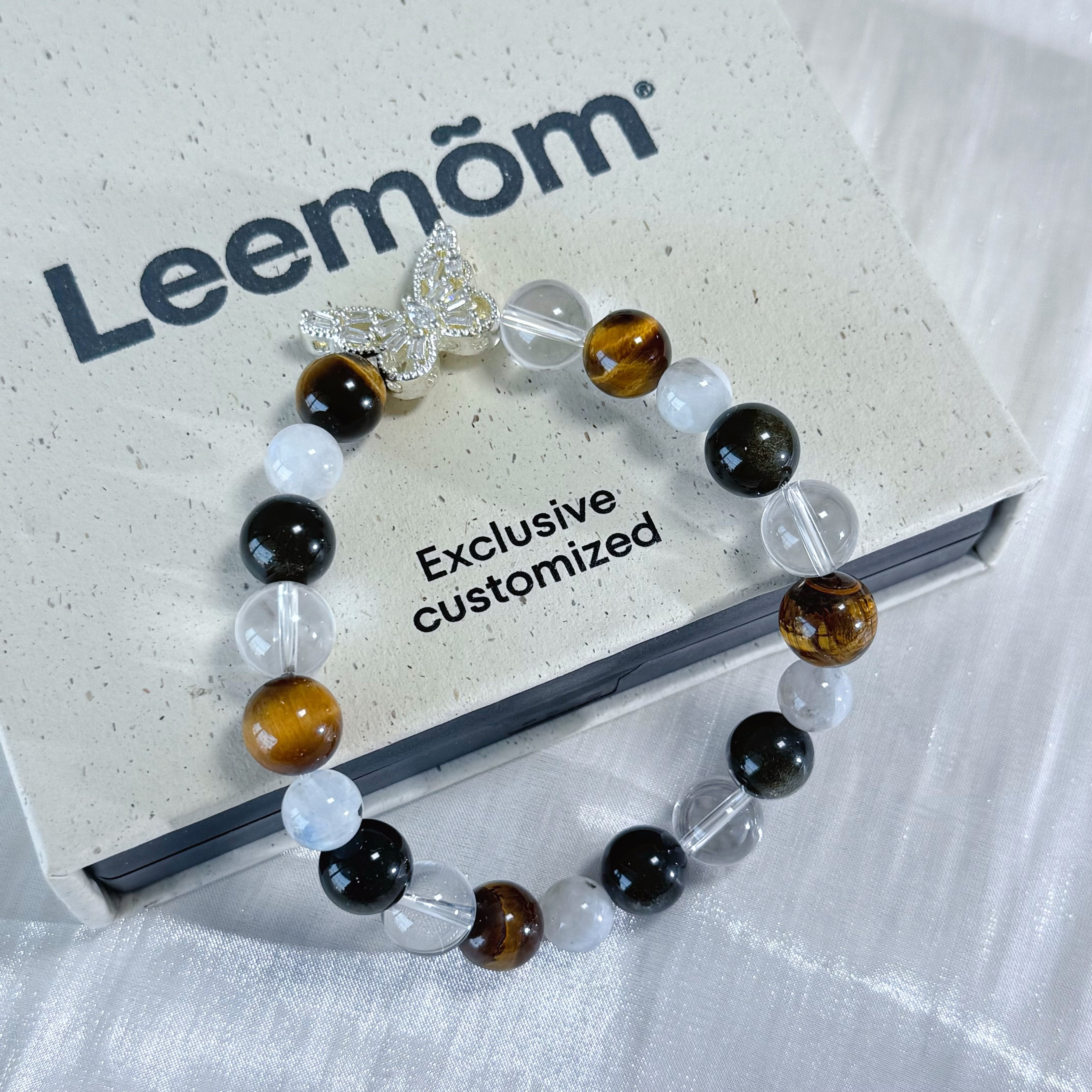 Tiger Eye Obsidian Clear Quartz Butterfly Charm Bracelet