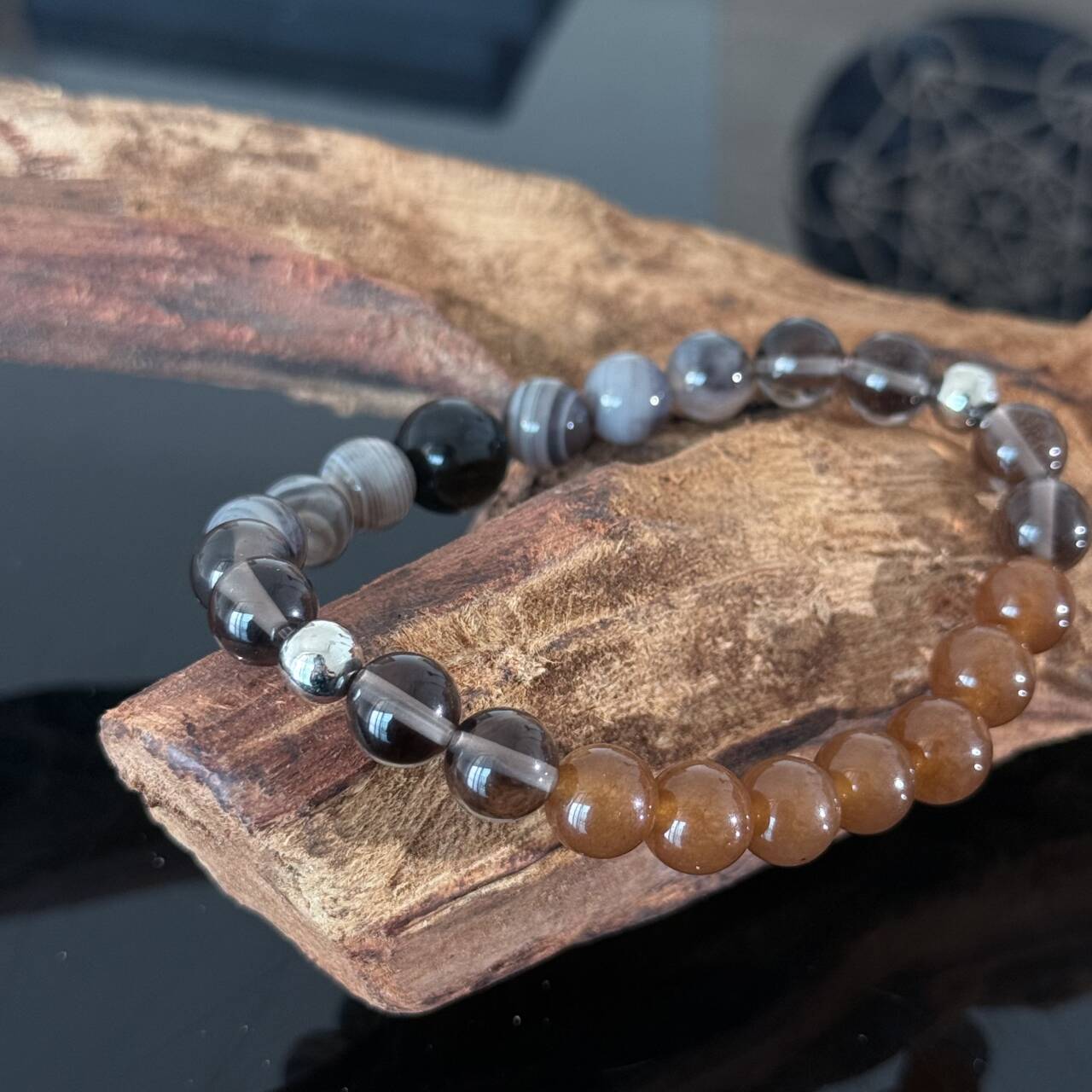 Sunstone, Black Agate & Clear Quartz Crystal Bracelet – Confidence, Protection & Energy Balance Gemstone Beaded Bracelet | Handmade Healing Jewelry