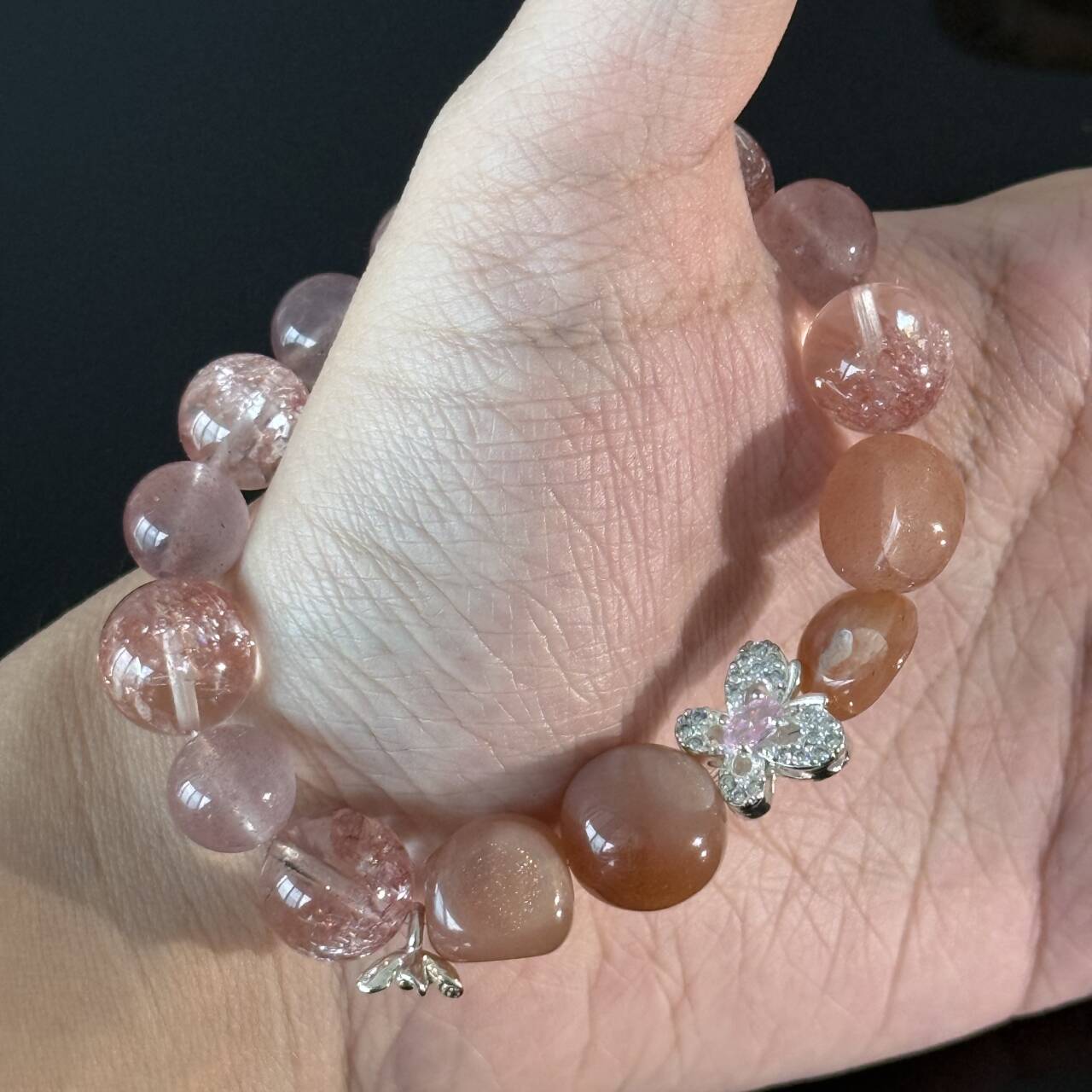 Pink Strawberry Quartz and Rose Crystal Bracelet – Handmade Gemstone Elastic Bracelet