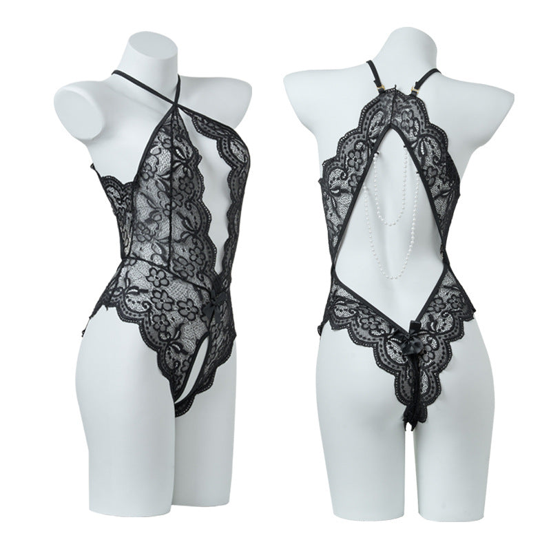 Open-crotch See-through Lace Backless Pearl Chain Bodysuit