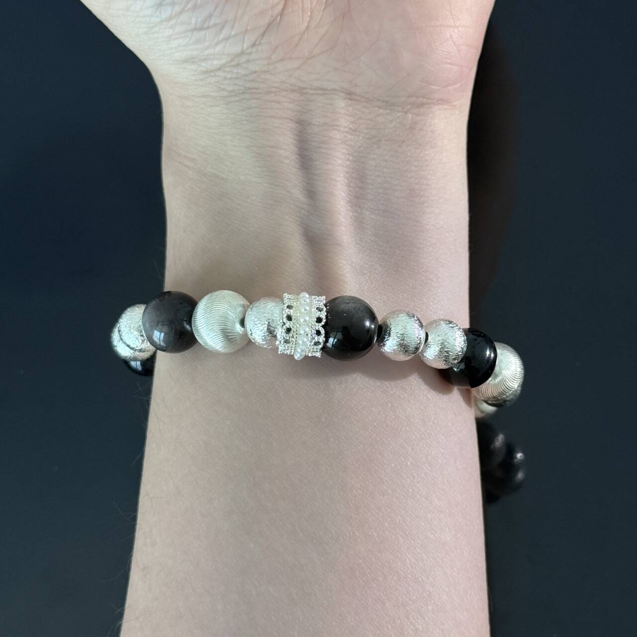 Handcrafted Black Onyx and Textured Silver Bead Bracelet — Luxurious Stretch Crystal Bracelet Adorned with Rhinestone Accents