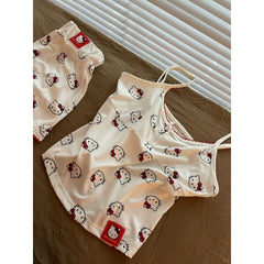 Kitten Print Suspender Pajama Shorts Set