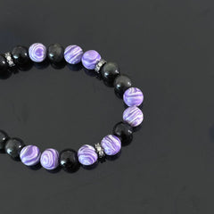 Natural Purple Agate & Obsidian Crystal Handmade Bracelet — Protective Energy Elastic Beaded Gemstone Bracelet