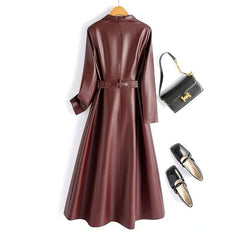Handmade Lambskin Leather Women's Mid Calf Shirt Dress