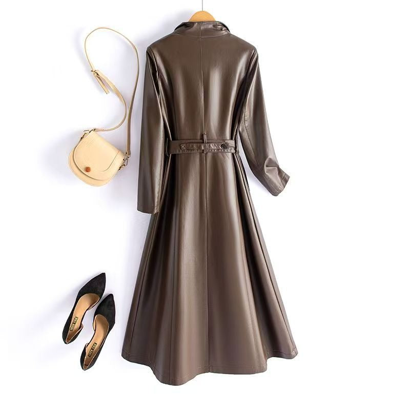 Handmade Lambskin Leather Women's Mid Calf Shirt Dress